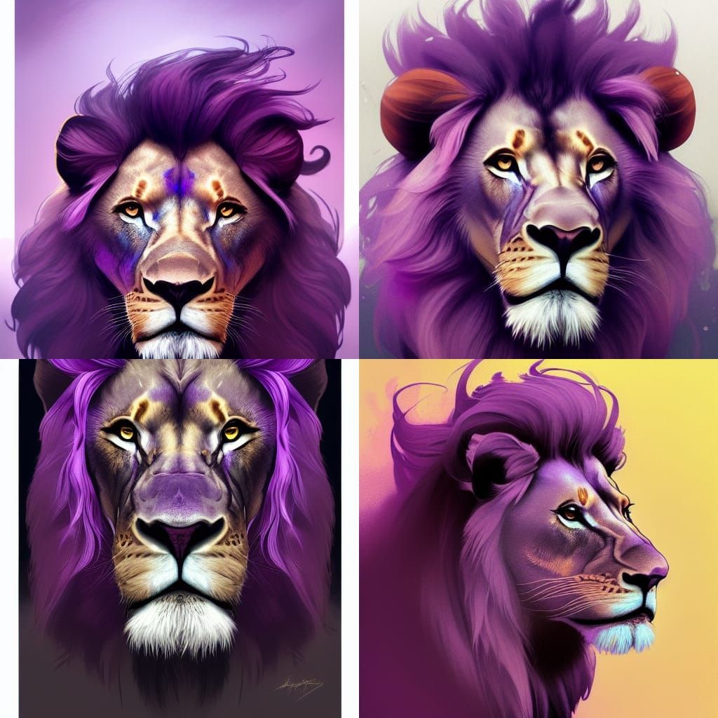 Purple-Haired Lion Portrait in Hyperdetailed Style
