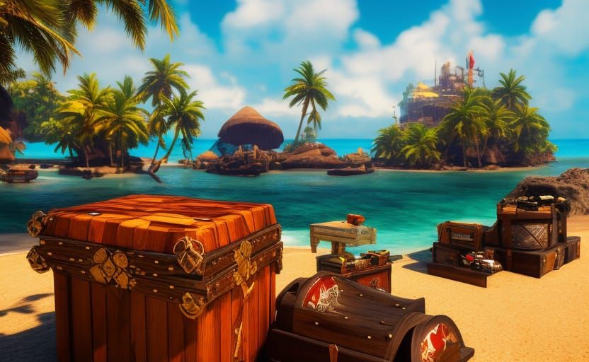 Pirates Guarding Treasure on Tropical Island