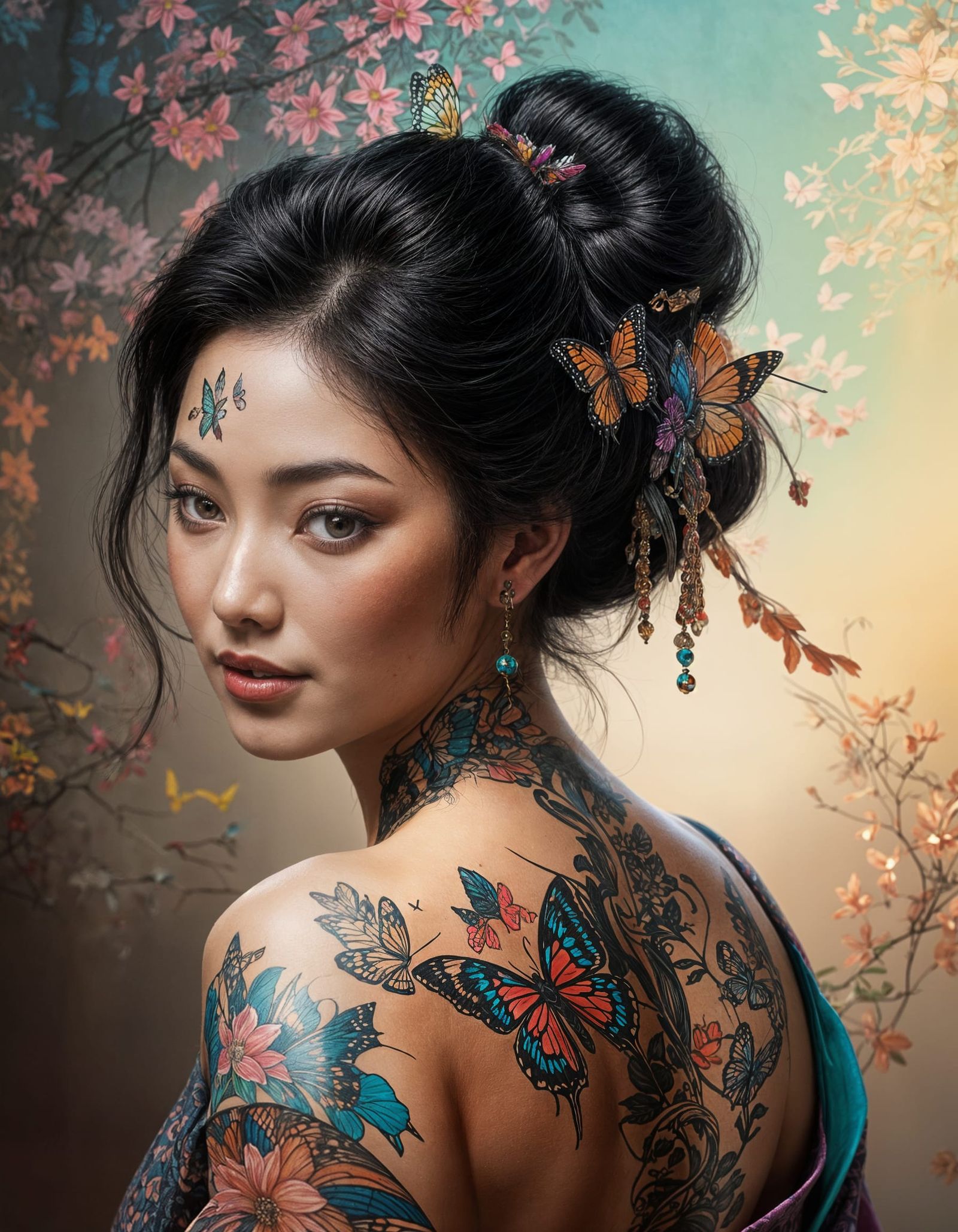 Cute Geisha with Dark Tattoos, Neon Colors & Butterflies