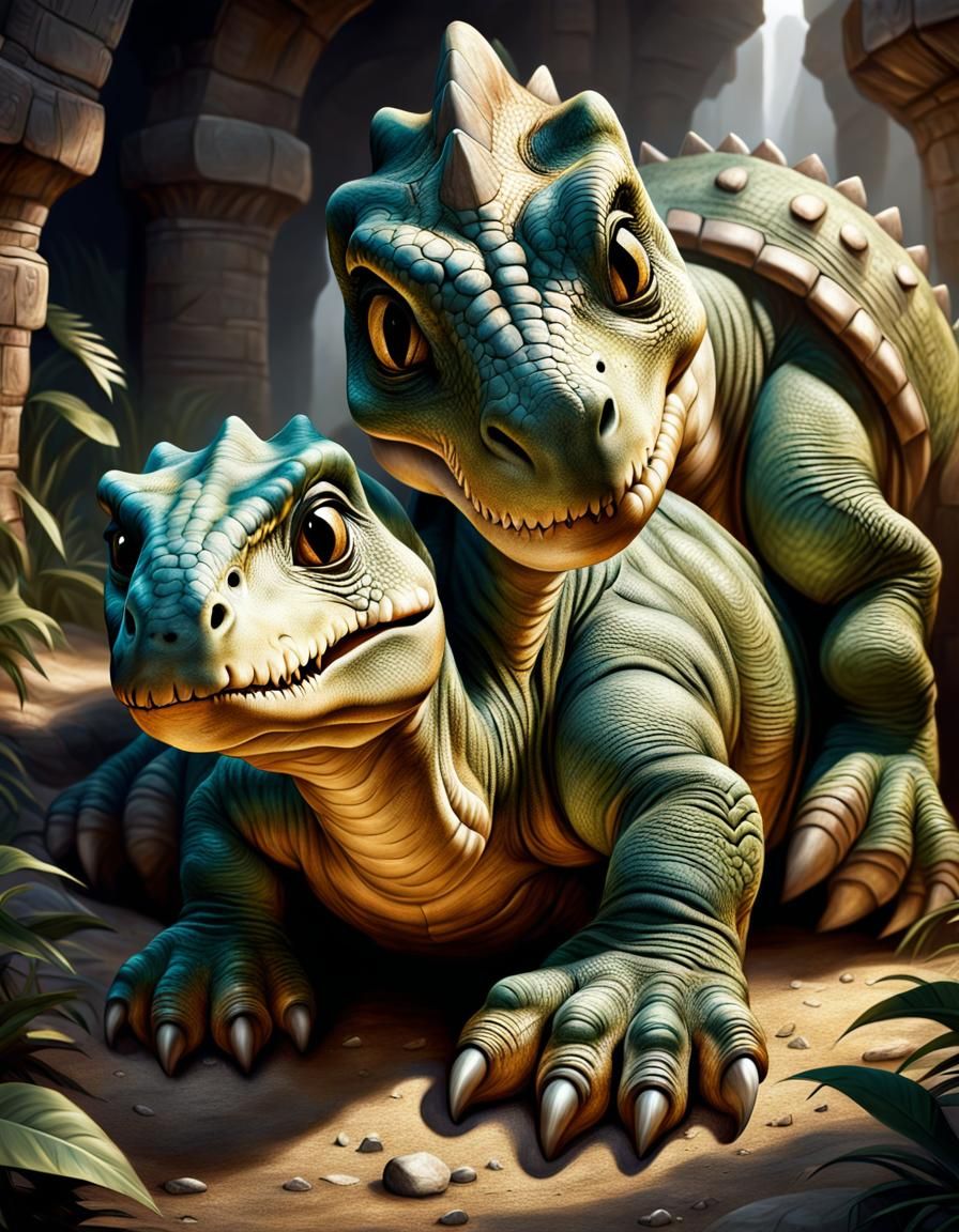 Cute Baby Dinosaur at Mummy Dinosaur's Feet in Realistic Fan...