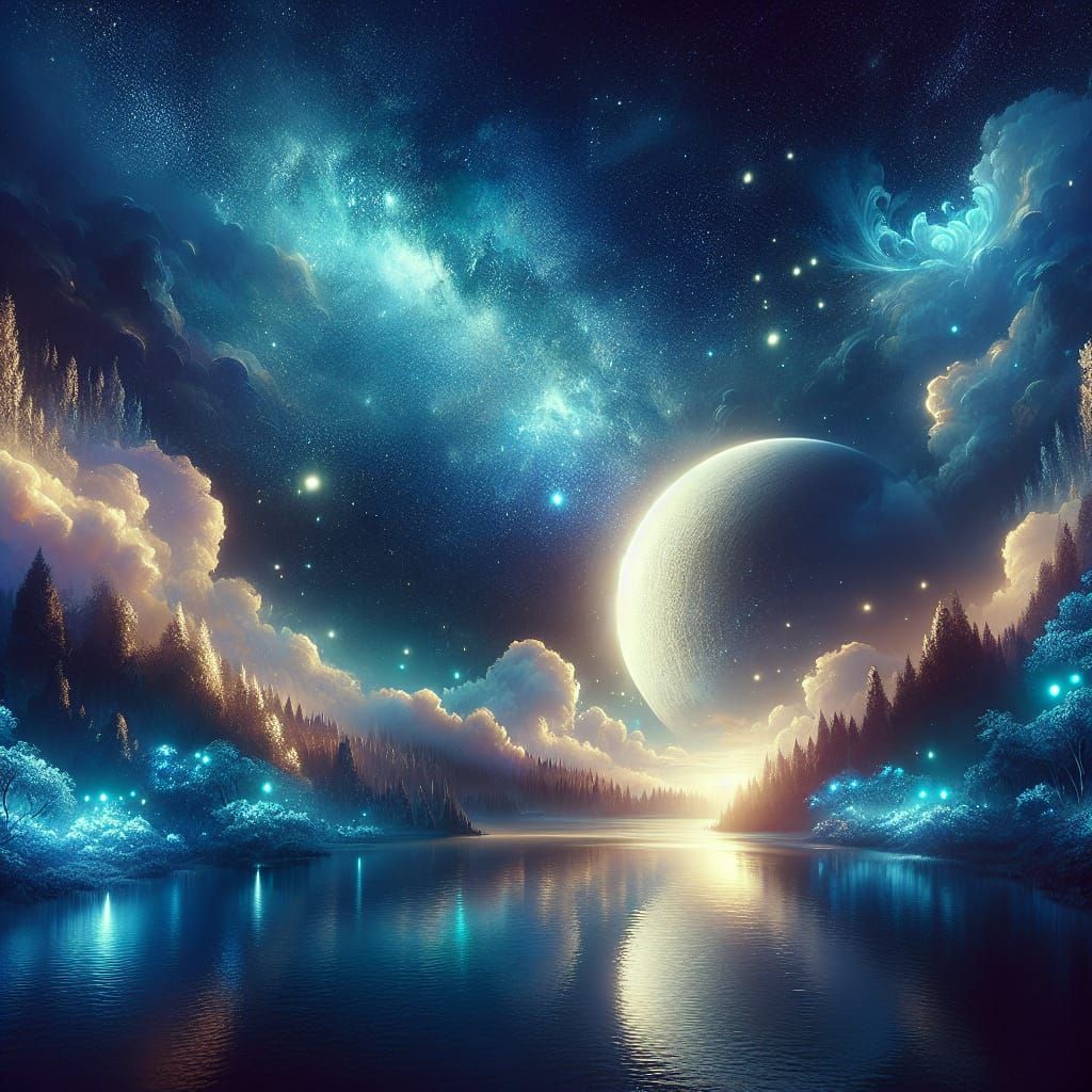 Glowing Lake Under Galaxy Sky with Blue Roses