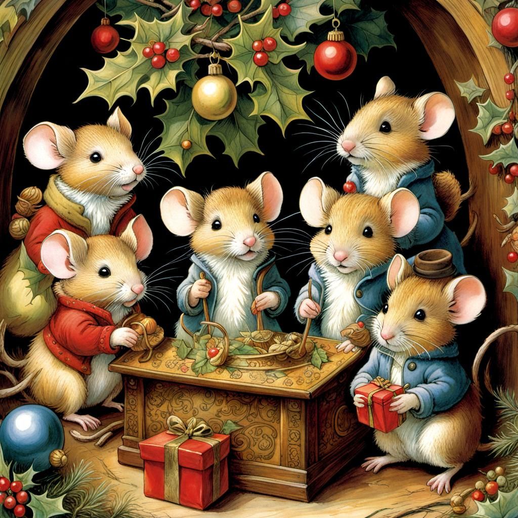 Mice Singing Christmas Carols in Brambly Hedge Style