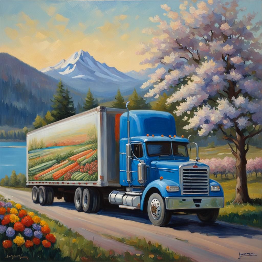 Vegetable Truck at Sunrise in Oil Painting Style