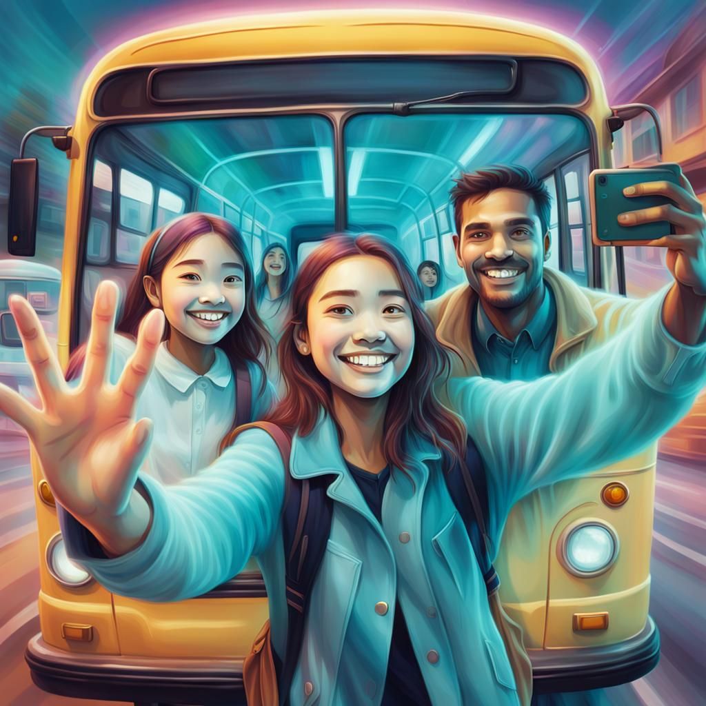 Girl and Brother Selfie with Smiling Ghost in Digital Art