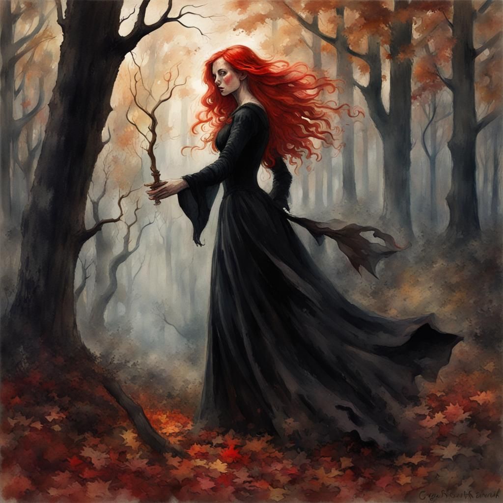Beautiful Witch Casting Spells in Autumnal Watercolor