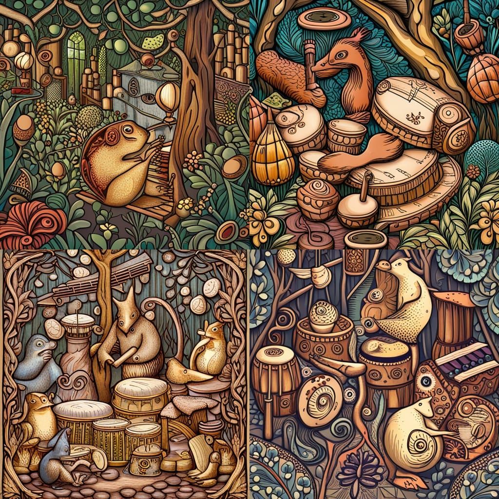 Animal Musicians in Whimsical Fairy Tale Scene