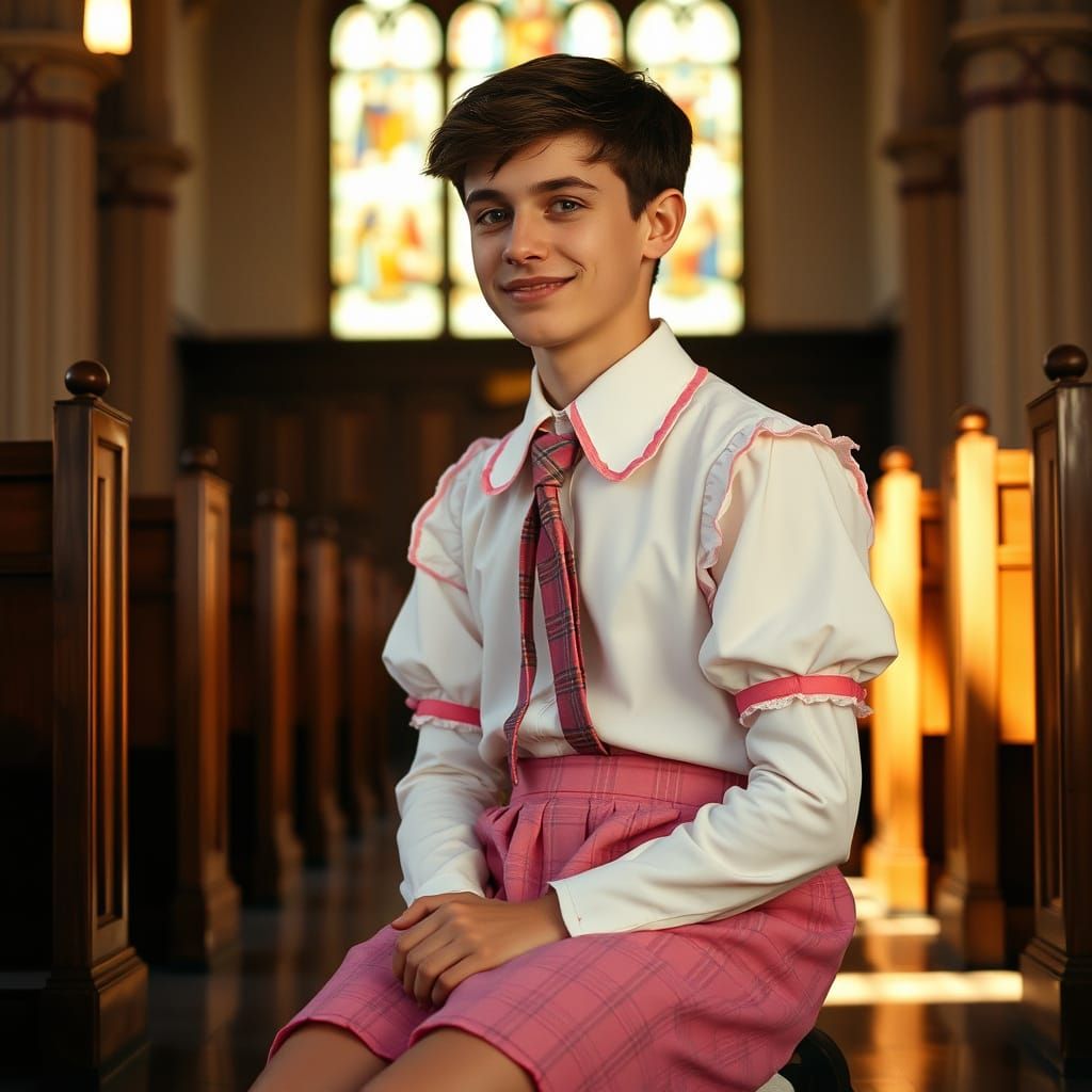 Gentle Youth in Prayer at a Serene Church Altar