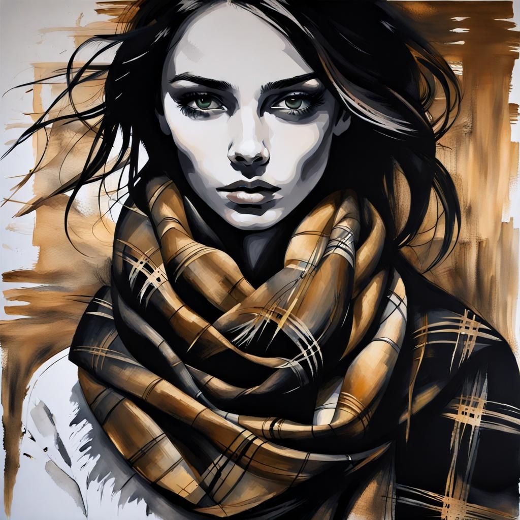 Gorgeous Girl in Tartan Scarf: Oil Painting Style