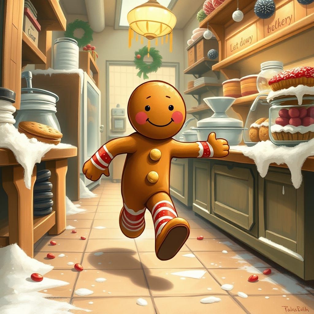 Whimsical Gingerbread Man Escapes Bakery Chaos