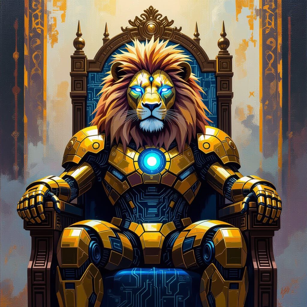 Regal Cyborg Lion on Circuit Throne, Baroque Impasto Oil