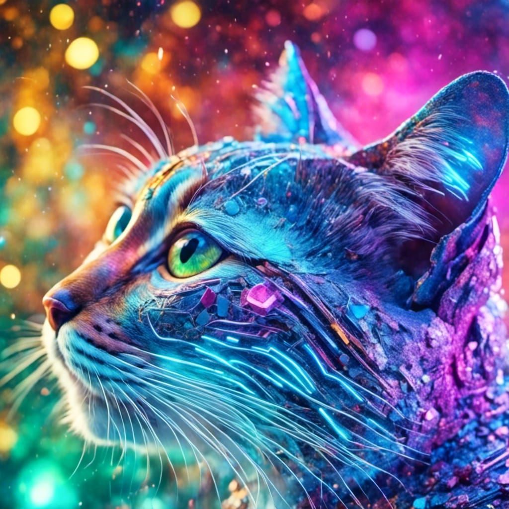 Cybercat in Synthwave City, Holographic Illustration