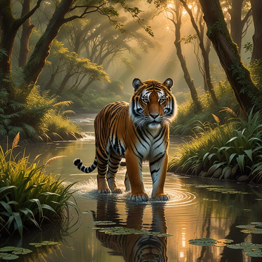 Regal Tiger Strolls by Serene River at Sunset