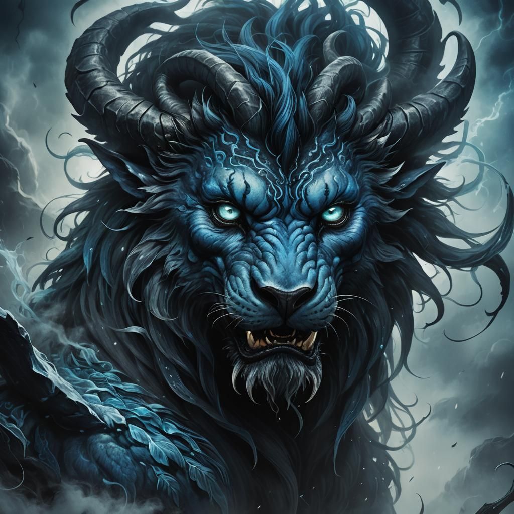 Dark Fantasy Chimera Portrait with Icy Blue Glow