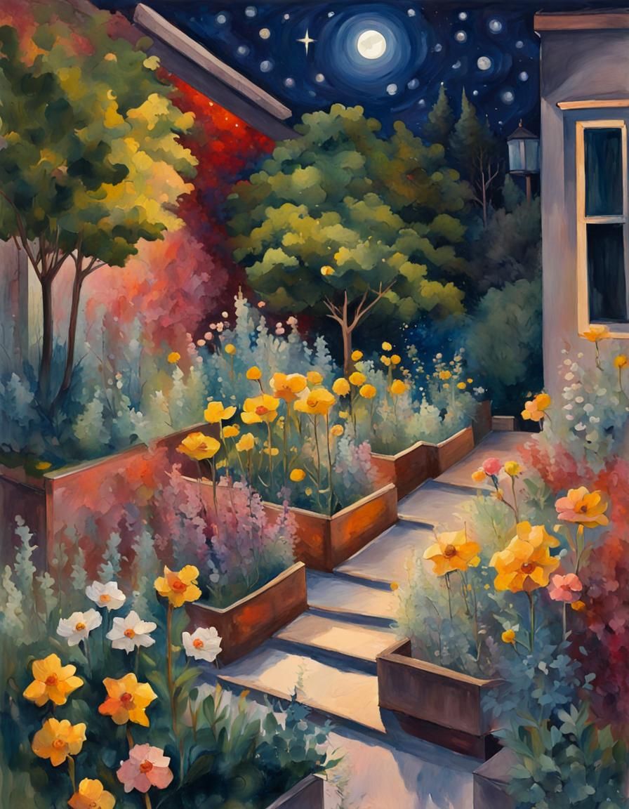 Urban Garden at Night in Gouache Watercolor Style
