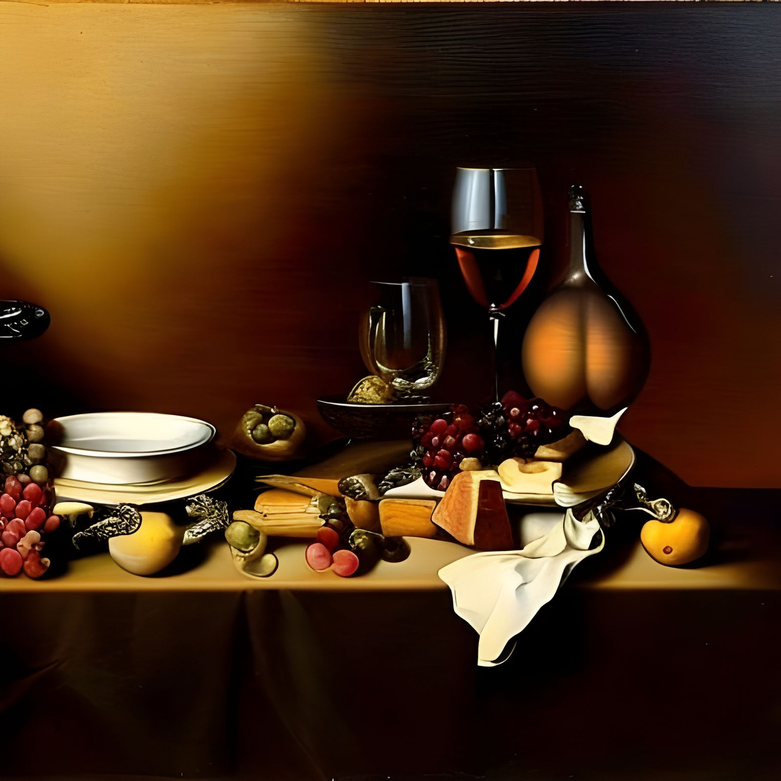 Baroque Still Life with Wine, Grapes, and Cheese