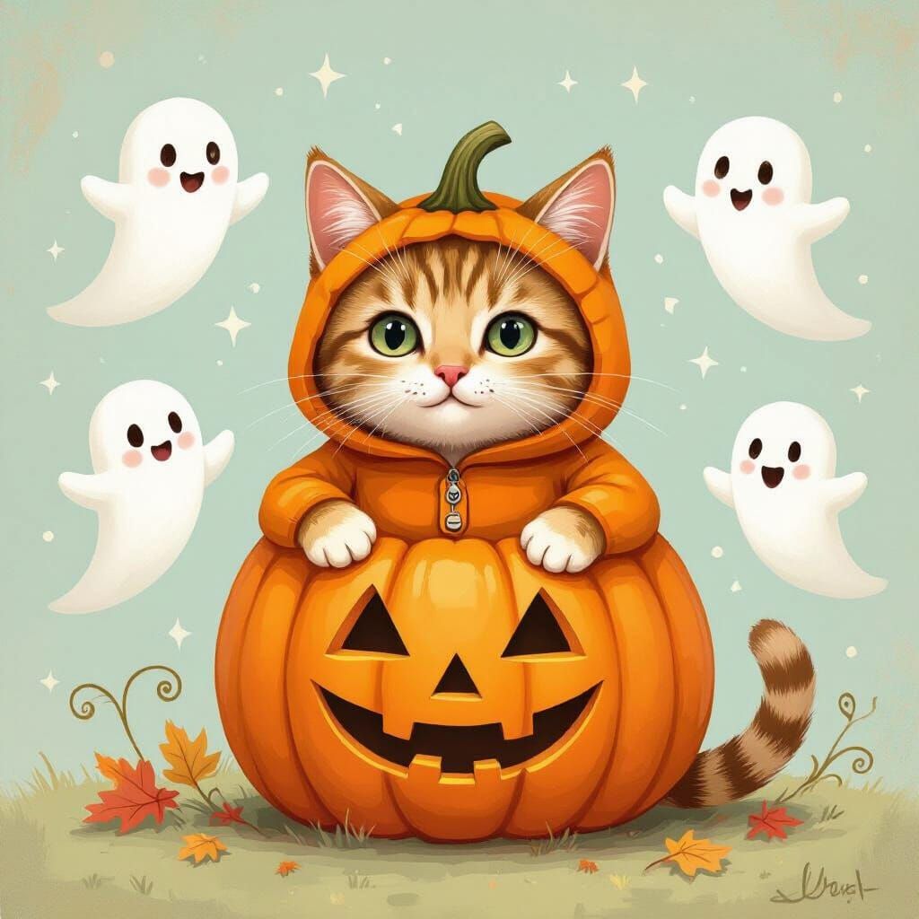 Cute Cat in Pumpkin Suit with Whimsical Ghosts