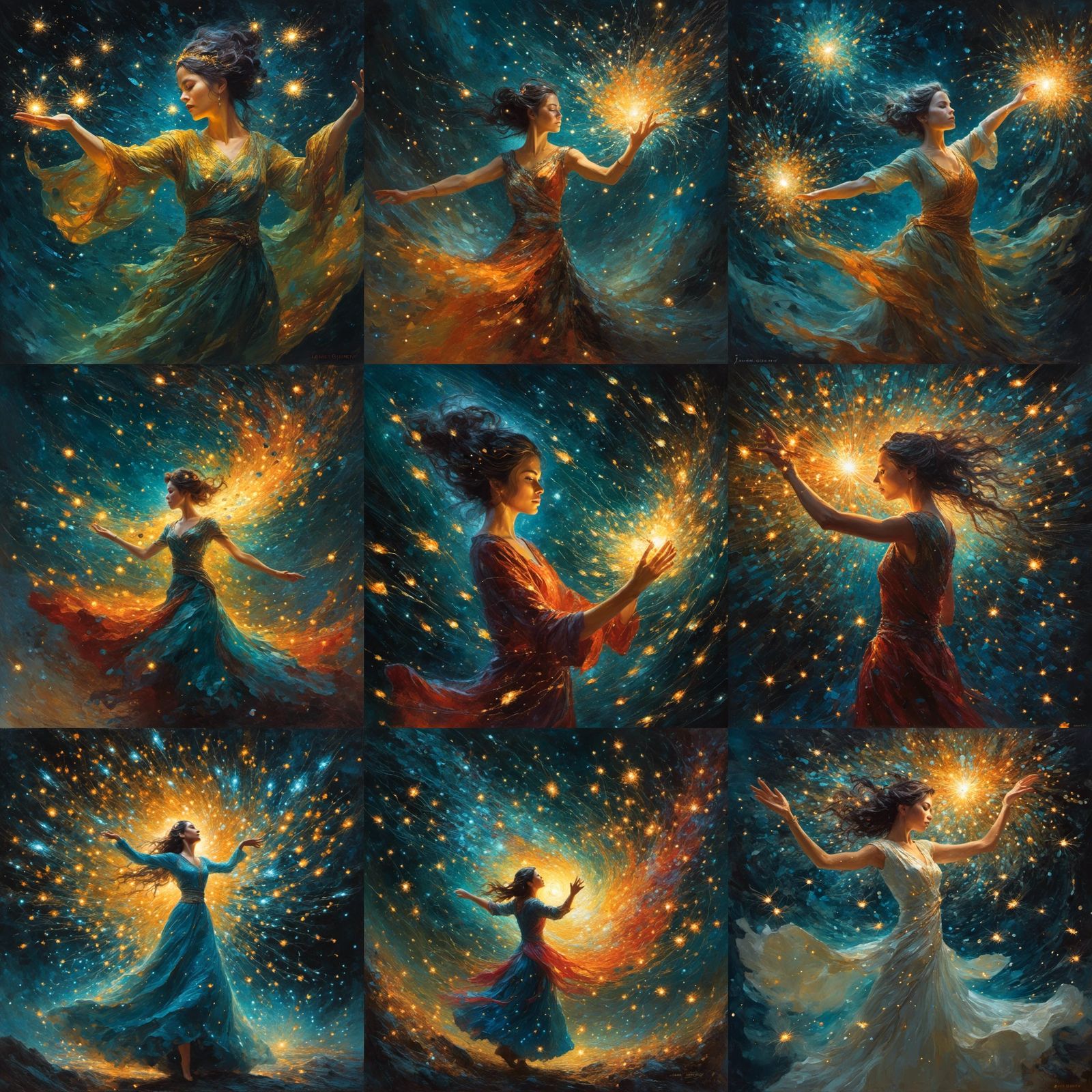Woman Dancing with Fireflies in Oil Painting Style