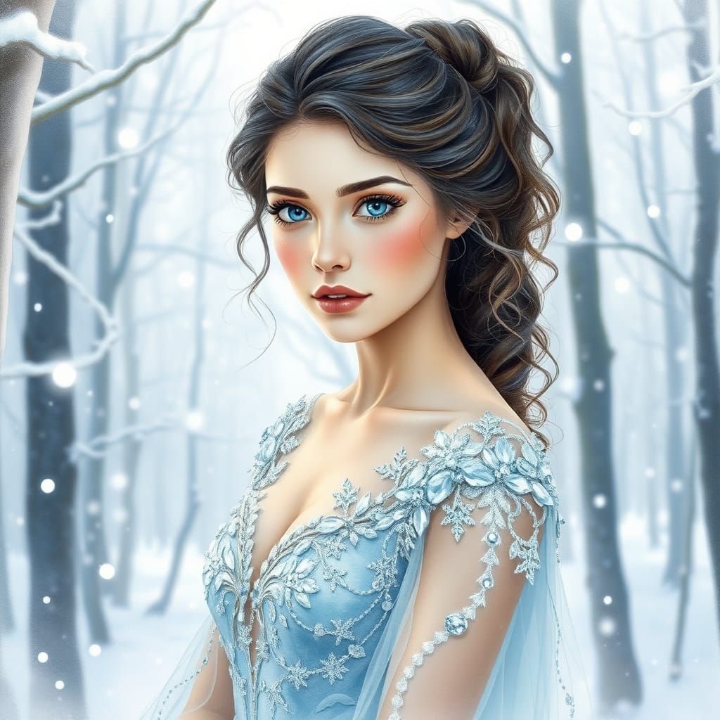 Frozen Goddess in Snowy Watercolor Landscape