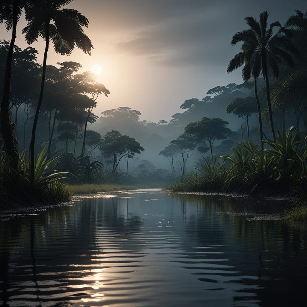 Mokele-mbembe Emerges from Congo Lake's Misty Depths under B...