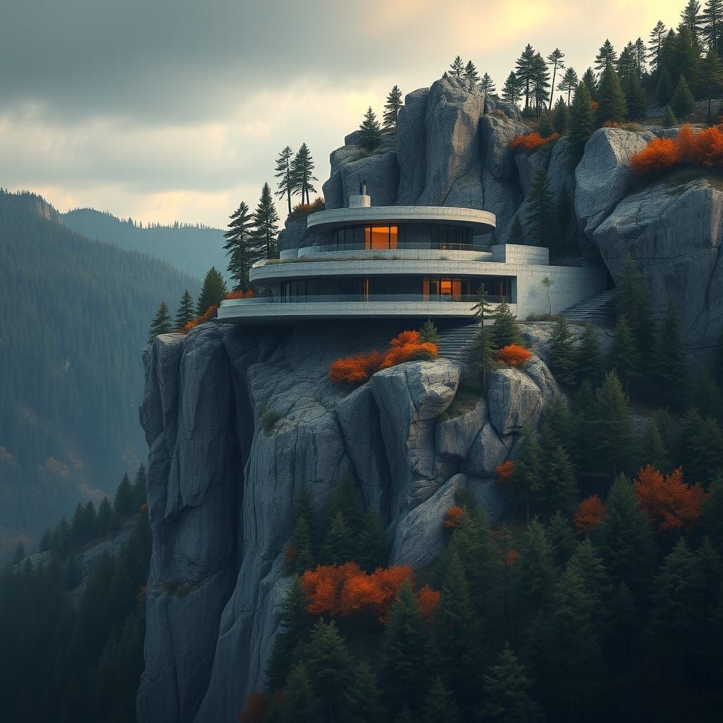 Futuristic Cliffside Mansion Blends into Rocky Landscape