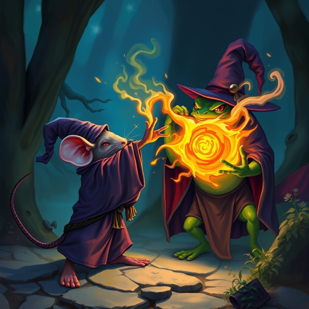 Epic Wizard Duel: Mouse vs. Frog in Fantasy Style