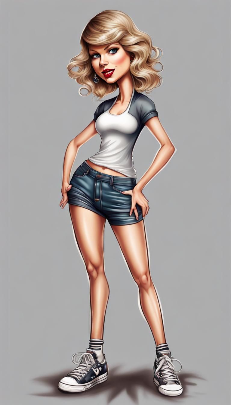 Hip hop clothing outfit, funny caricature of Taylor Swift, full body, smooth skin, attractive, big eyes, smiling, young ...