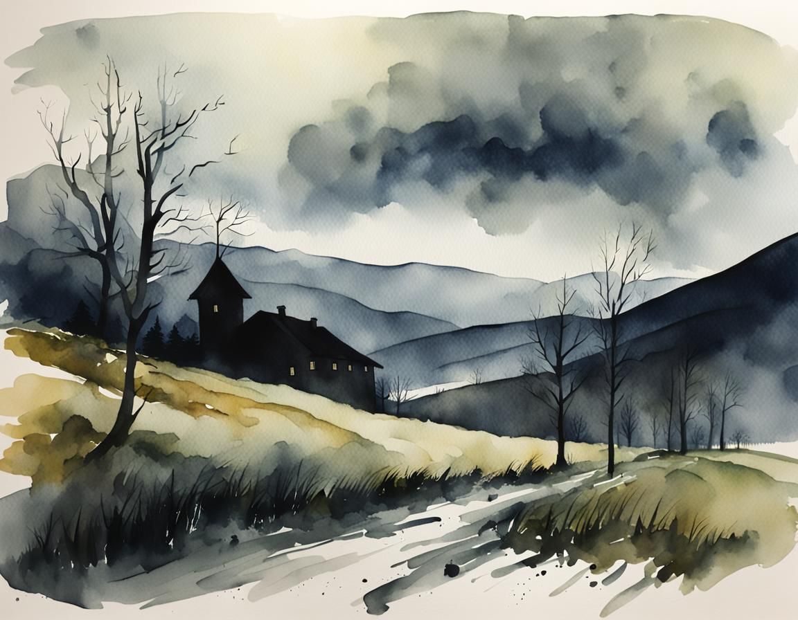 Creepy Transylvanian Landscape in Watercolor Style