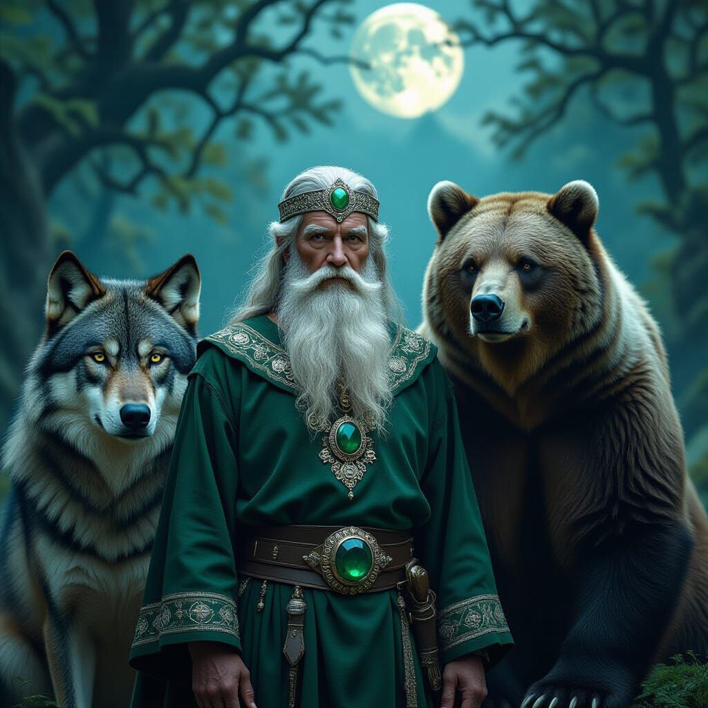 Mystical Forest Guardian with Wolf and Bear