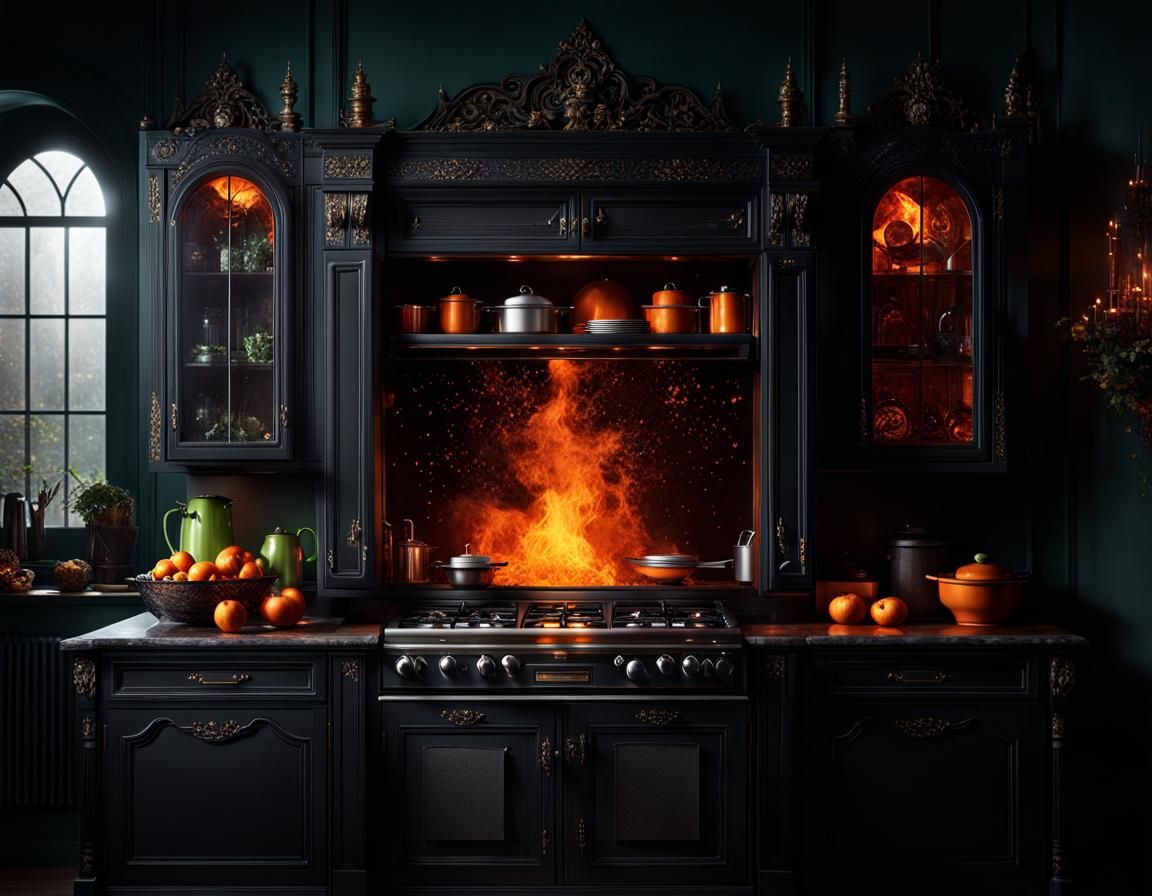 Eerie Demon Cabinet with Glowing Eyes in Dark Kitchen