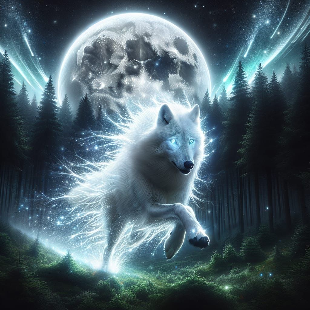 Majestic Wolf Runs Under Starry Night Sky Dominated by Full....