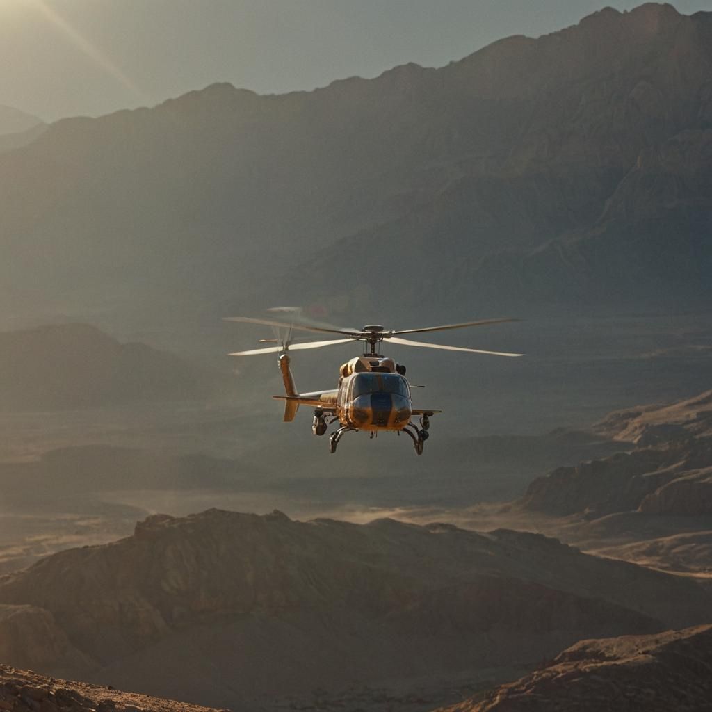 Helicopter Over Desert Landscape in Cinematic Style