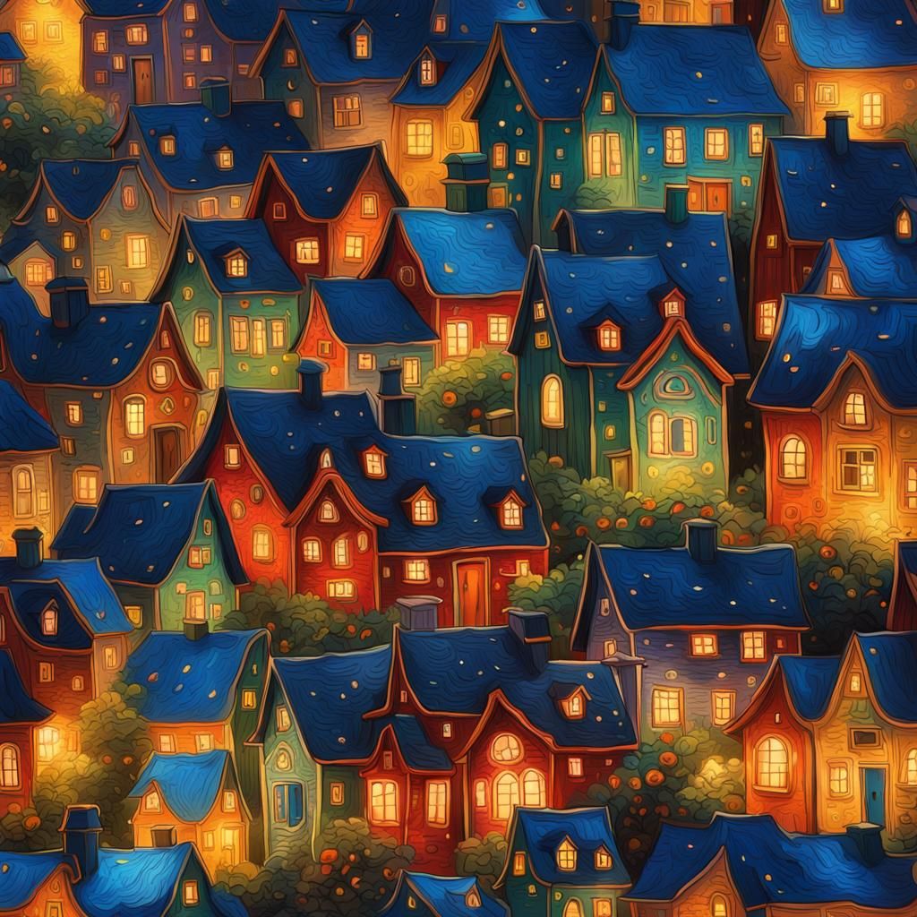 Whimsical Village Starry Night: Van Gogh Digital Art