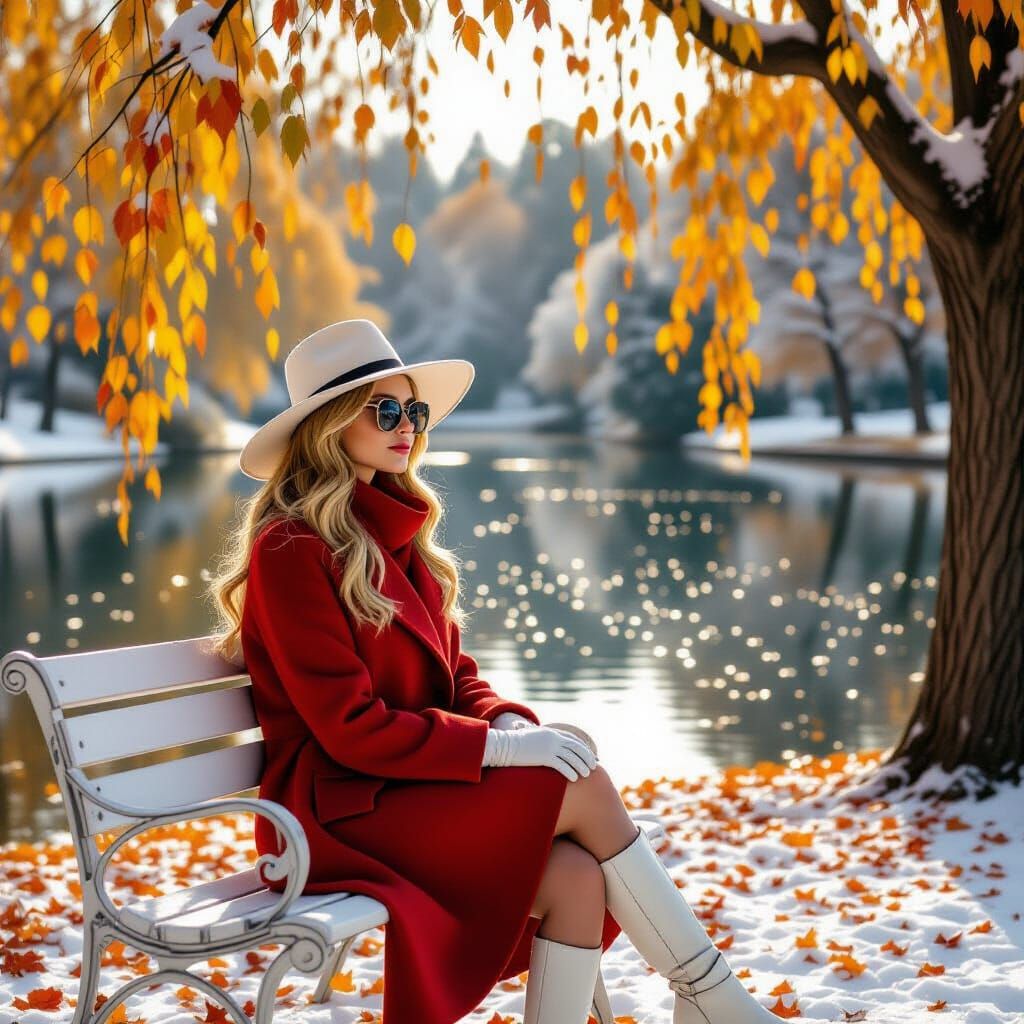 Woman in Autumn Park on Snowy Pond Shore