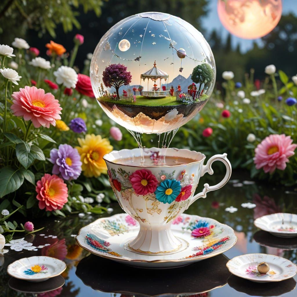 Vibrant Hot Air Balloon Surrounded by Elegant Tea Set in a D...