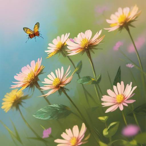 Whimsical Macro of Pollinators in Watercolor Style