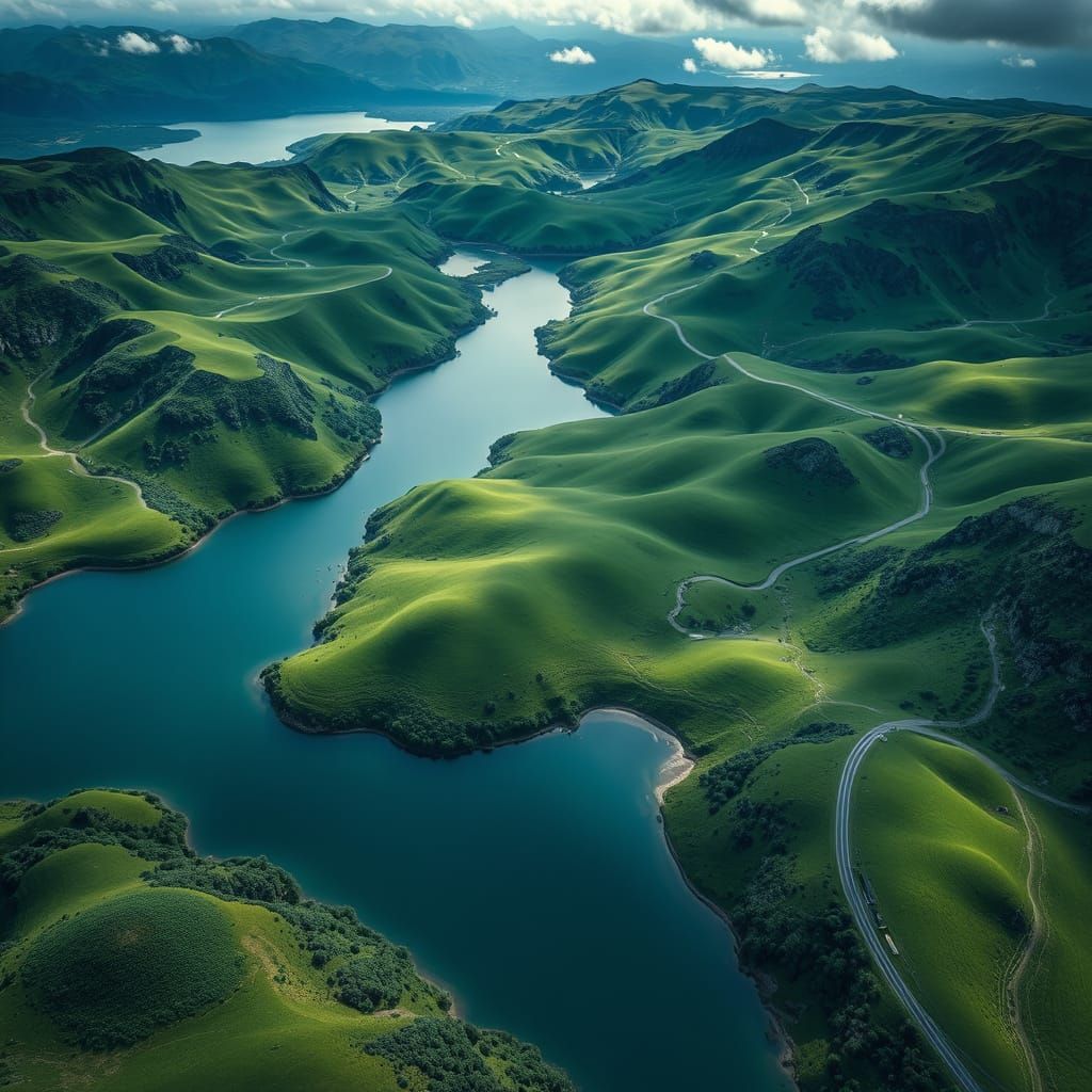 Aerial View of Lush Landscape in Realistic Style