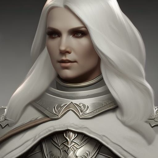 White-Haired Female Knight Portrait, Detailed Matte Painting