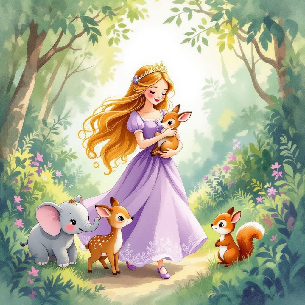Princess Cradling Deer in Jungle Storybook Illustration