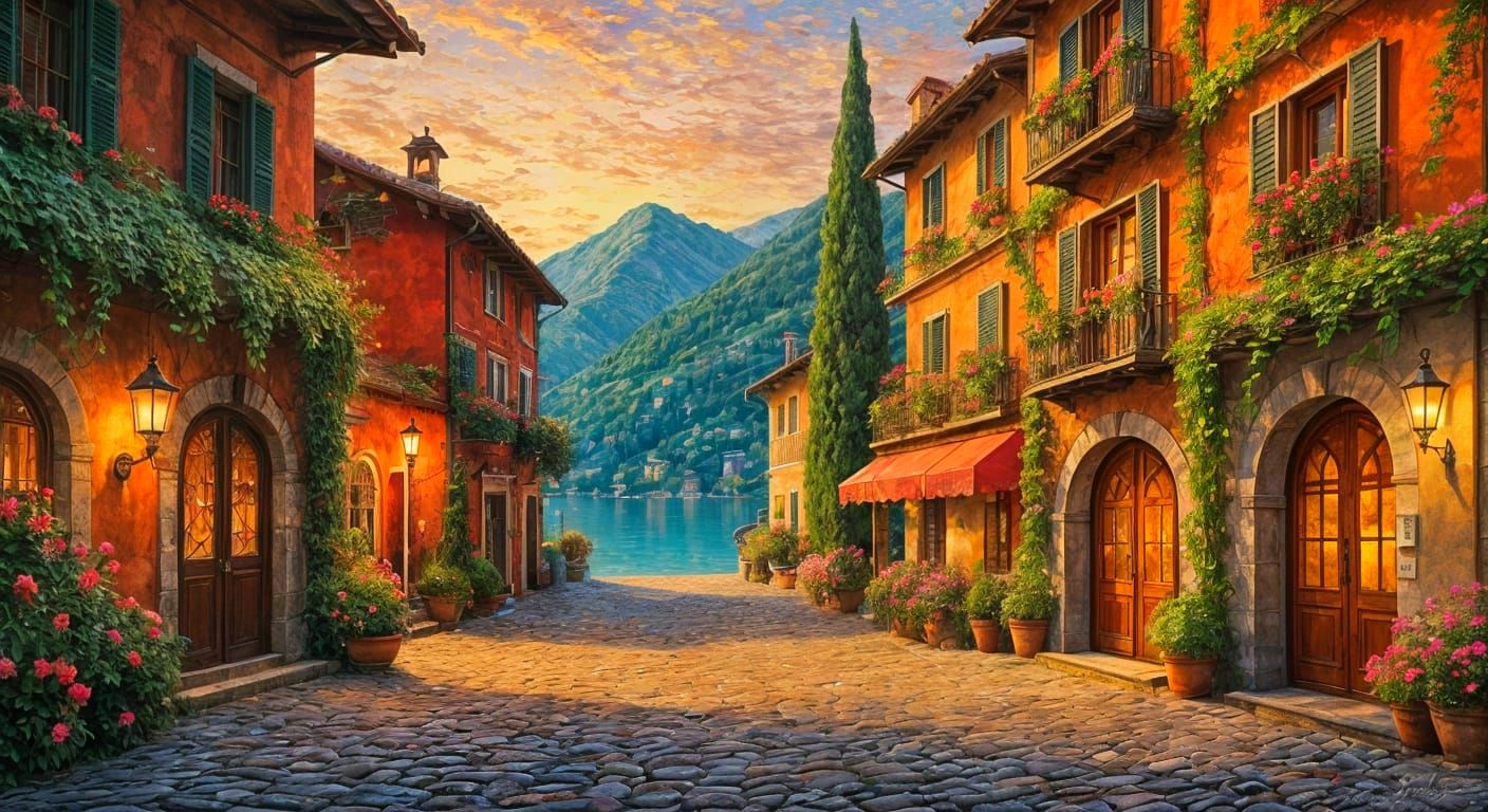 Impressionistic Oil Painting Of Italian Village At Dusk