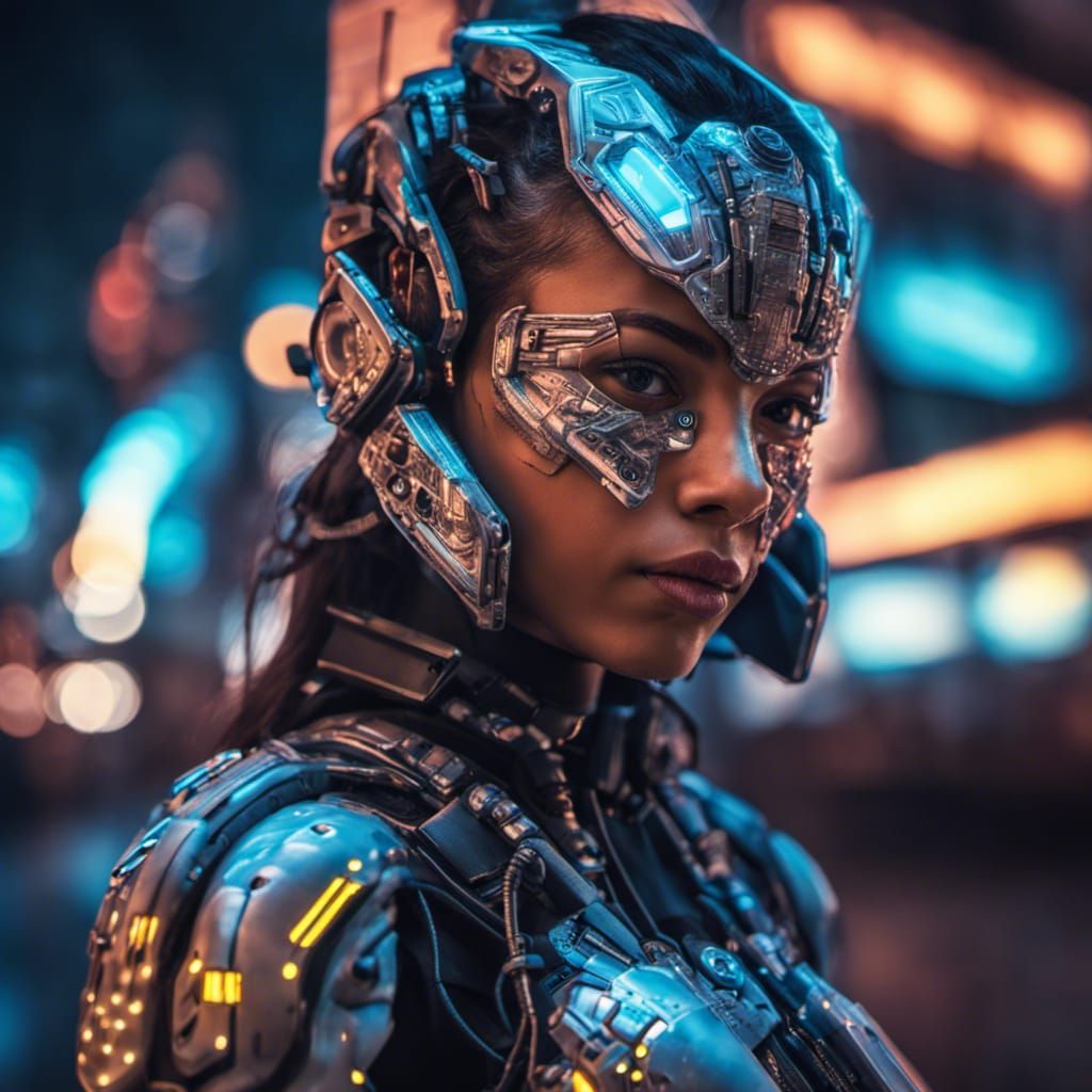 Cyborg Girl Portrait in Neon Cityscape