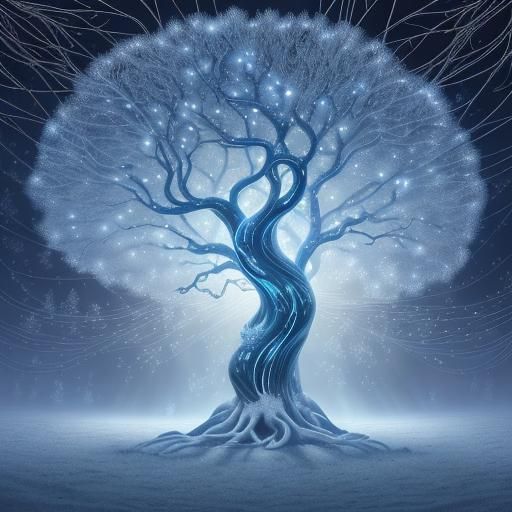 Mystical Tree with Frosted Leaves in Digital Illustration