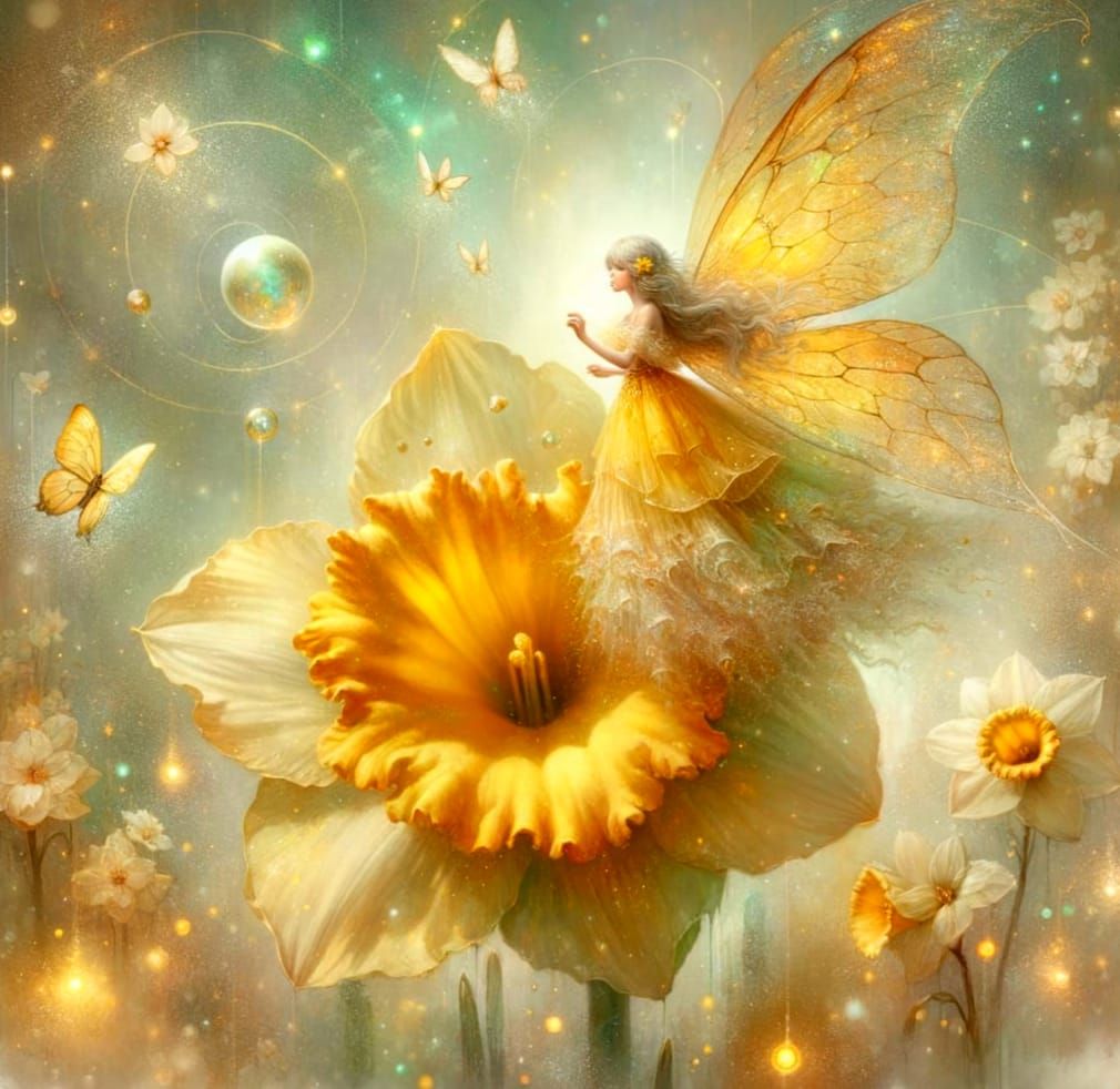 Fairy Landing on Daffodil in Watercolor Style