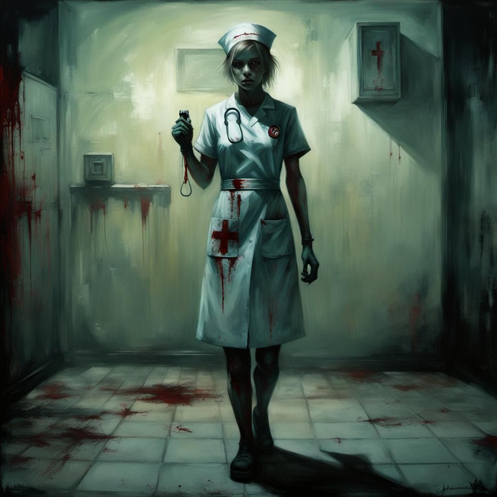 Ghoulish Nurse in Abandoned Hospital: Horror Art