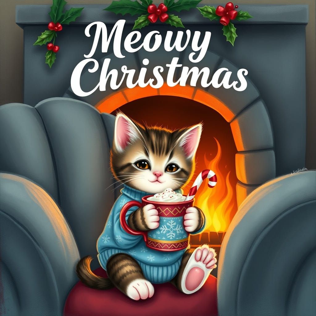 Whimsical Holiday Kitten Seeks Hot Cocoa in Festive Fireplac...