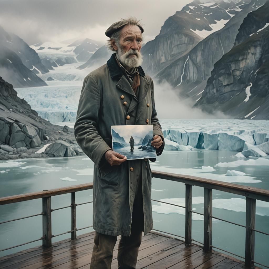 Old Sea Captain and Glacier in Watercolor Style