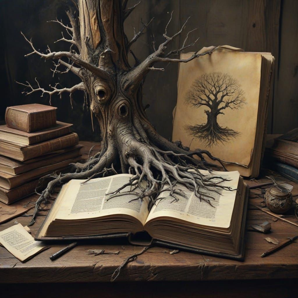 Tree Bursts Through Ancient Leather Book in Charcoal Drawing...