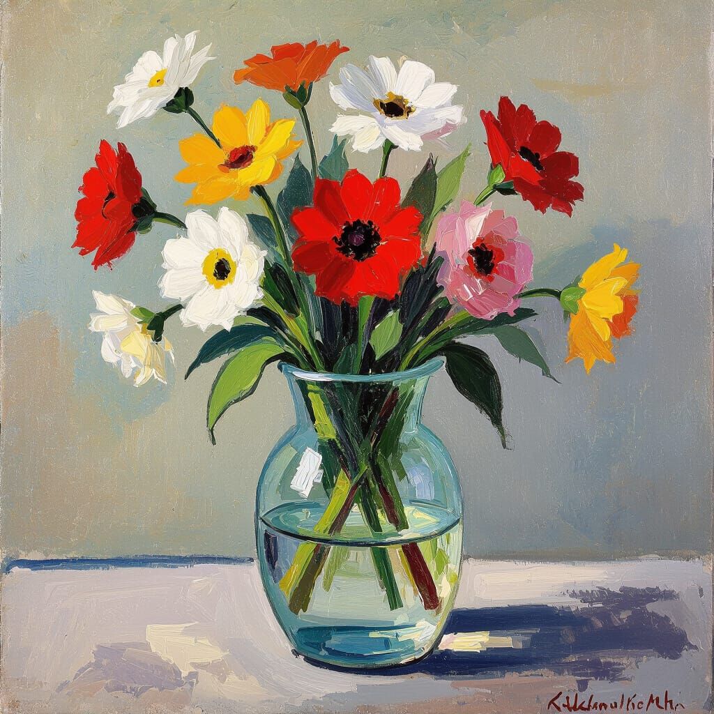 Autumn Asters in Glass Vase, Impressionist Style