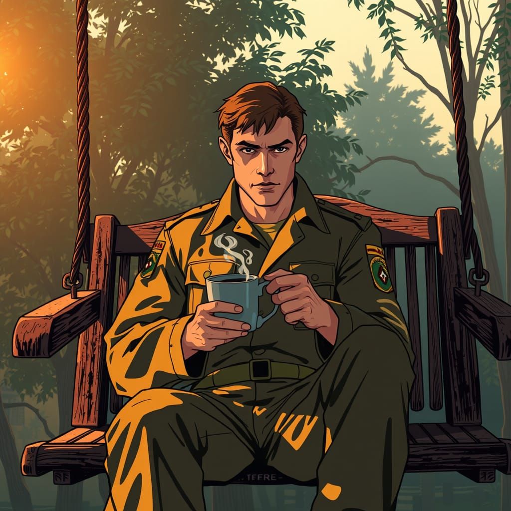 Soldier with Coffee: Film Noir Morning Scene