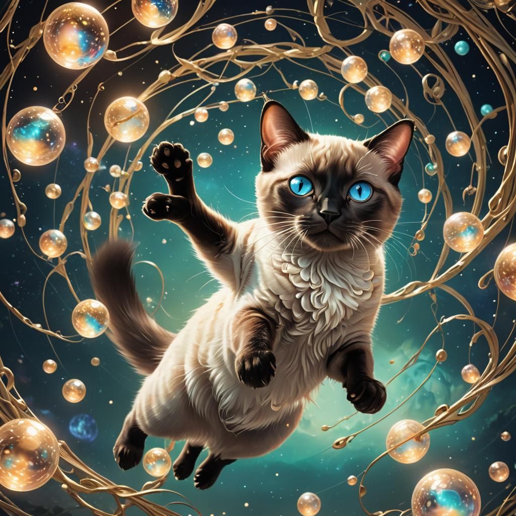 Surreal Siamese Cat in Dreamlike Art Nouveau Scene