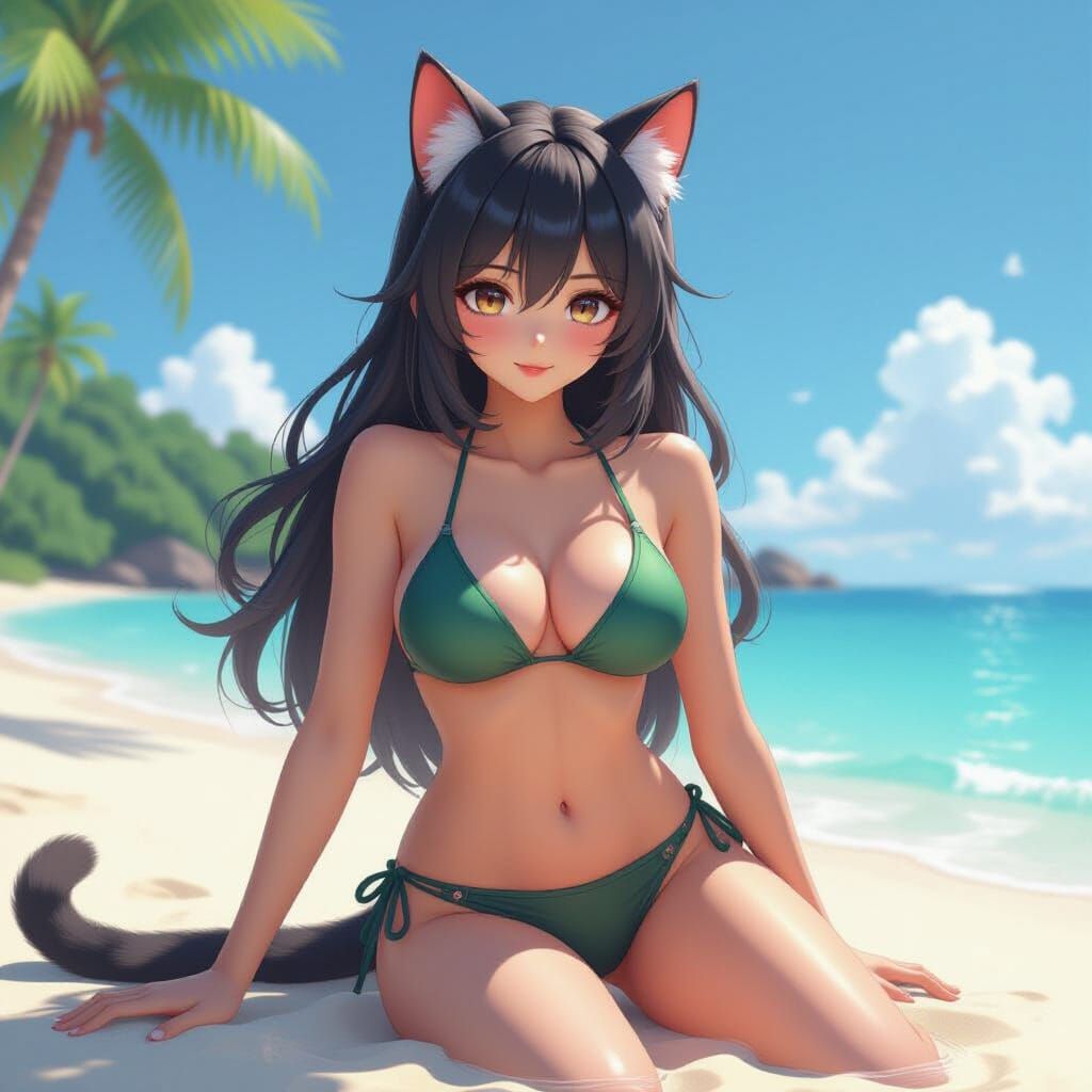 Cat Girl in Swimsuit, Detailed 3D Anime Art